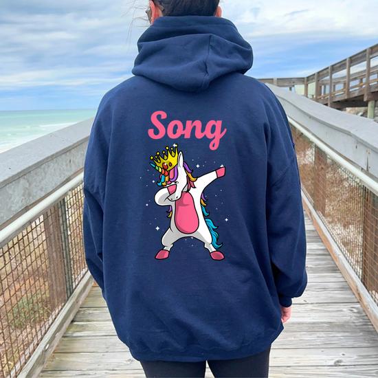 Song Name Personalized Birthday Dabbing Unicorn Queen Women Oversized Hoodie Back Print Monsterry