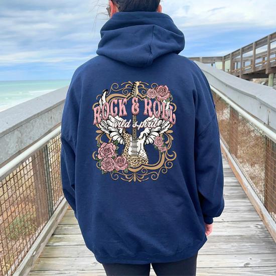 Vintage Rock N Roll Wild Spirit Lets Rock Guitar Floral Women Oversized Hoodie Back Print Seseable CA