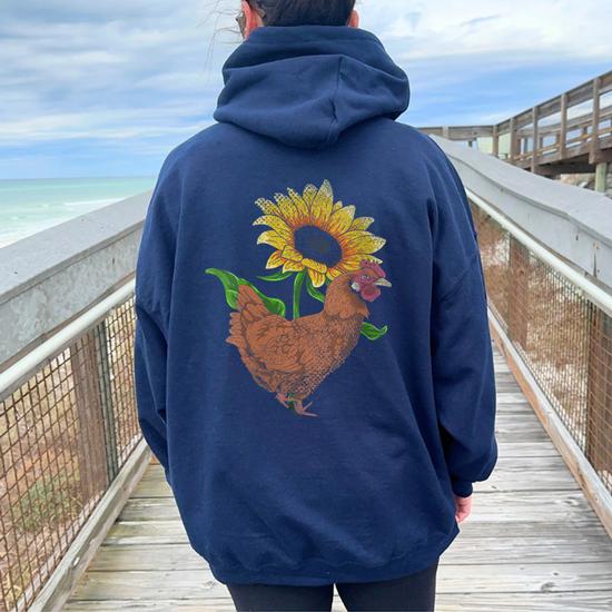 Yellow Flower Farm Animal Sunshine Sunflower Chicken Women Oversized Hoodie Back Print Monsterry