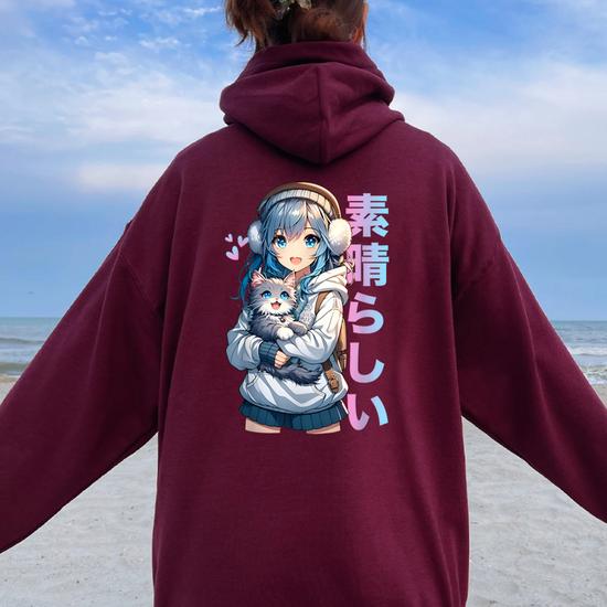 Cute Anime Girl With A Cat For Cat Lover Kawaii Otaku Manga Women Oversized Hoodie Back Print Seseable UK