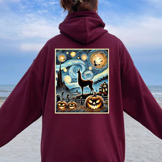 Llama Pumpkin Halloween Starry Night Van Gogh Painting Women Oversized Hoodie Back Print Monsterry