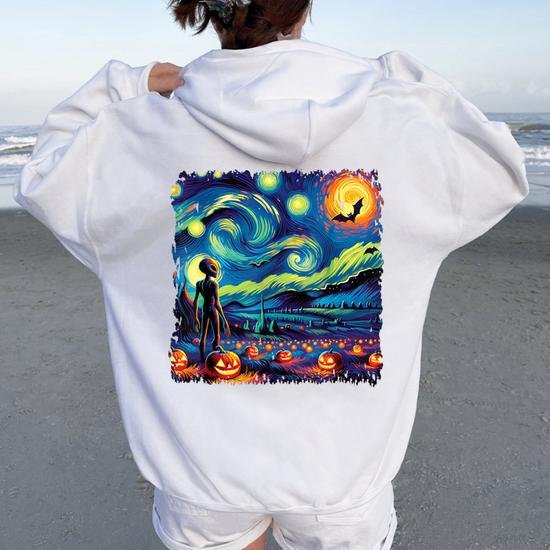 Van Gogh Starry Night Alien Man Halloween Fall Pumpkin Bats Women Oversized Hoodie Back Print Seseable UK