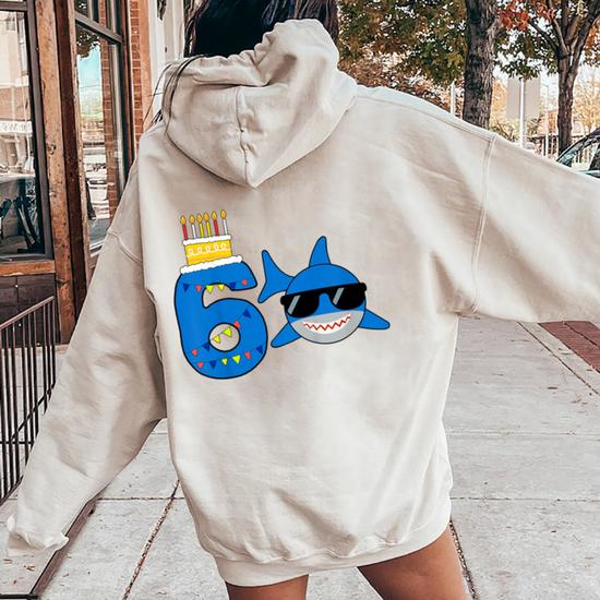 Bambino Divertente Squalo 6 Anni Compleanno Ragazzo Ragazza Felpa con cappuccio oversize da donna con stampa posteriore Novitaregali