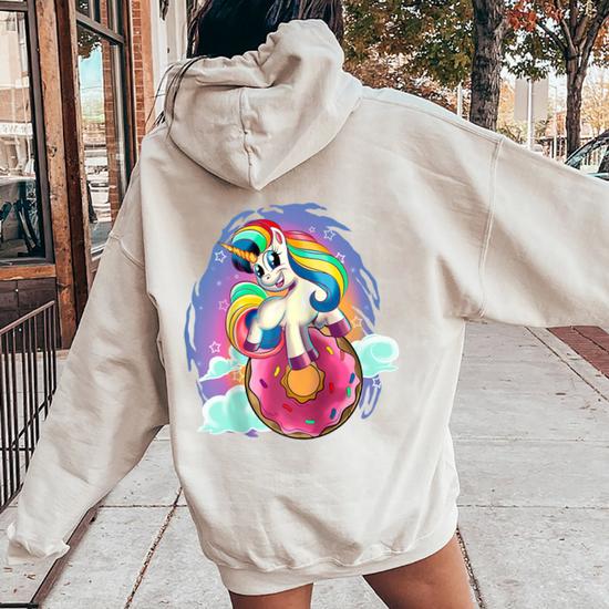 Cute Birthday Unicorn Rainbow Bright Colors Donut Sprinkles Women Oversized Hoodie Back Print Monsterry