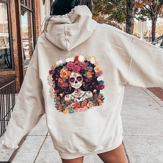 Dia De Los Muertos La Catrina Floral Skull Women Oversized Hoodie Back Print Regaloses