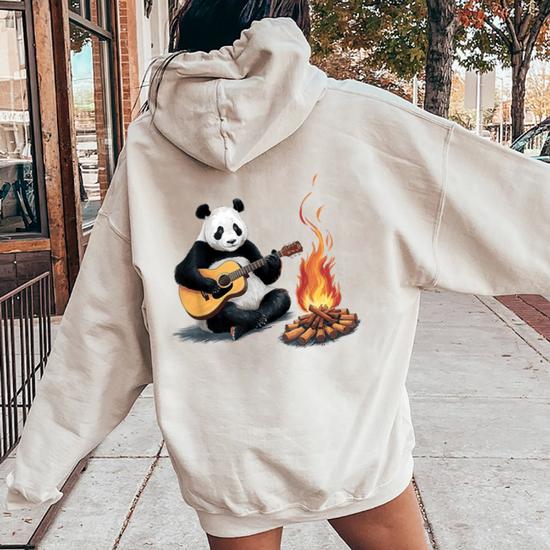 Graphic Panda Playing Guitar With Campfire Women Oversized Hoodie Back Print Seseable UK