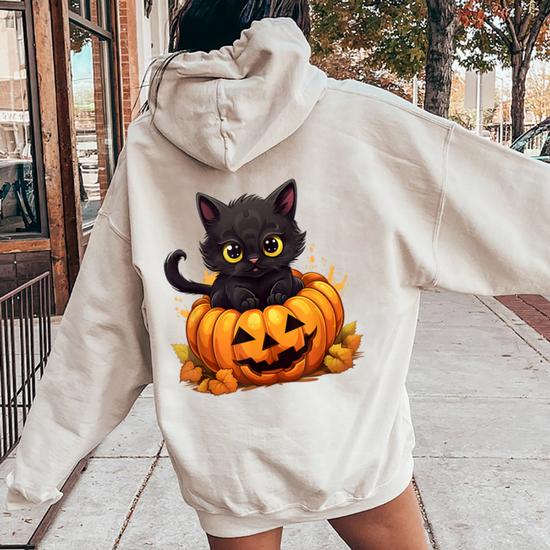 Halloween Black Cat Pumpkin Spooky Kitty Boys Girls Women Oversized Hoodie Back Print Seseable CA