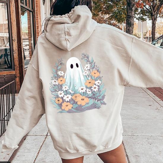 Halloween Groovy Ghost Hippie Flowers Vintage Women Oversized Hoodie Back Print Seseable CA