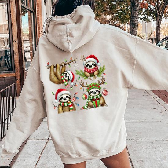 Santa Sloth Christmas Lights Holiday Sloth Lover Women Oversized Hoodie Back Print Seseable CA