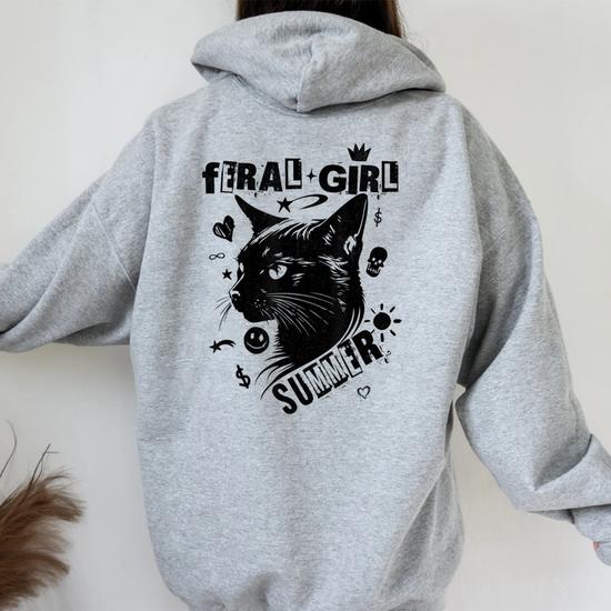 Feral Girl Summer Cat Graffiti Cats Vintage Women Women Oversized Hoodie Back Print Monsterry
