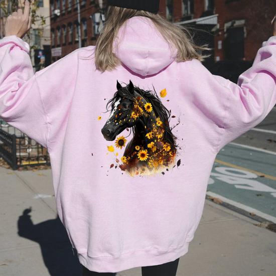 Sweat à Capuche Femme – Imprimé Girafe Et Cheval – Coupe Ample, Manches Longues, Poche – Style Décontracté