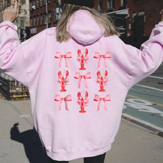 Pink Bow Cute Coquette Crawfish Clean Girl Aesthetic Women Oversized Hoodie  Back Print | Seseable UK