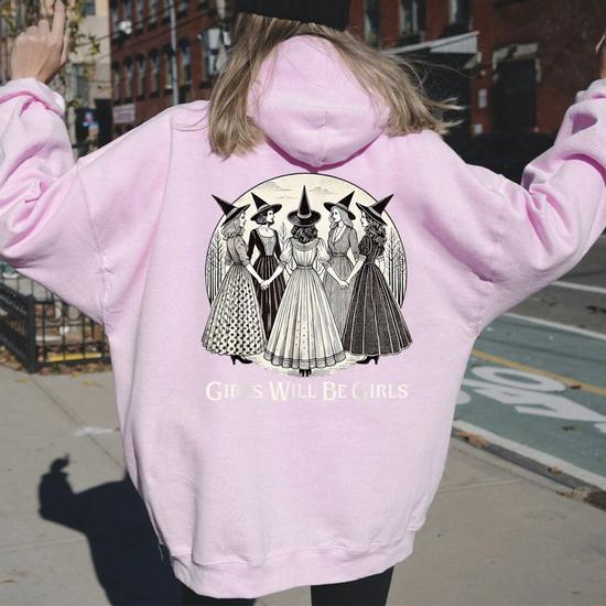 Vintage Girl Will Be Girls Witch Feminist Witchy Halloween Women Oversized Hoodie Back Print Seseable CA