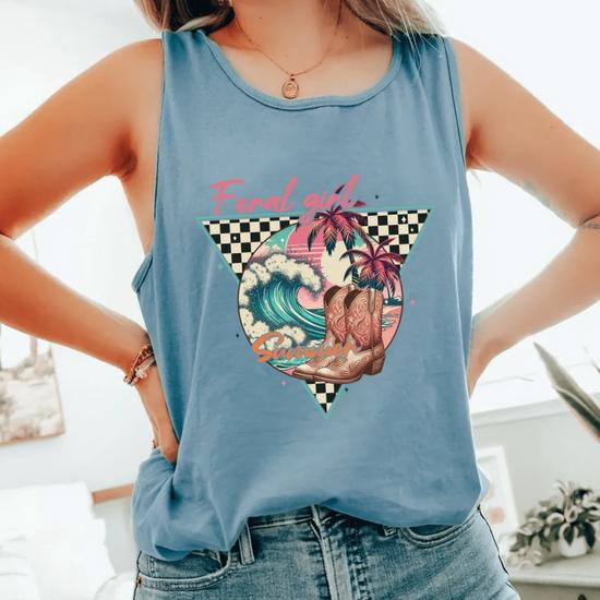 Vintage popular western cowgirl cowboy blue tank top