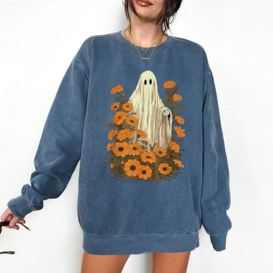 Vintage Floral Ghost Ghost In The Forest Gothic Halloween Comfort Colors Sweatshirt Monsterry