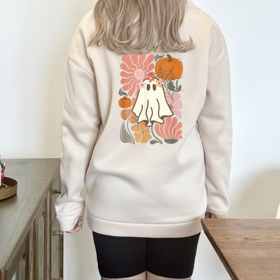 Boho Floral Fall Boho Ghost Cute Halloween For Women Girl Half Zip Oversized Sweatshirt Monsterry